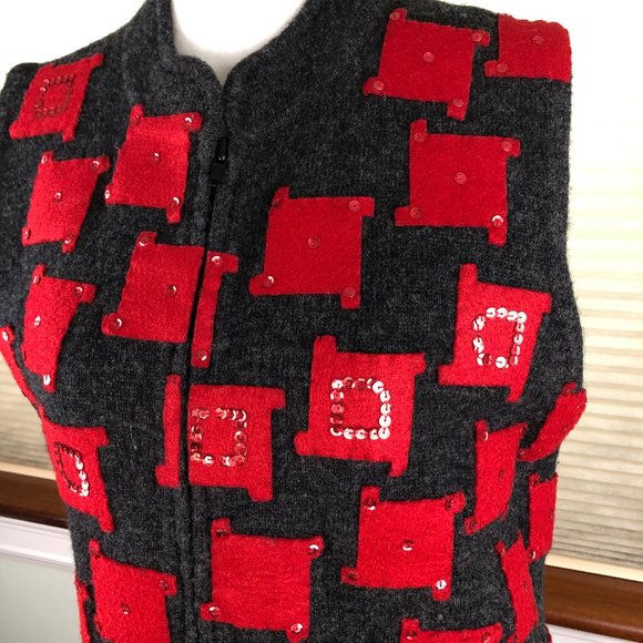 Susan Bristol 2001 Hand Embroidered Sequins Red & Gray Lambswool Front Zip Vest - Picture 8 of 15